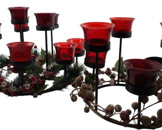 7023 - 2 Christmas Centerpieces w/ Ruby Votives (Description): 8.5 x 12