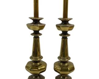 5242 - 2 Brass Lamps - 24.5" Tall - No Shade (Description): Used as is electric/electronic/mechanical item. No guarantee all components, untested.