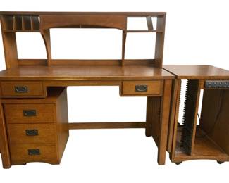 3036 - Wood Mission Style Computer Desk w/ a (Description): Drop Leaf Sides & Matching Printer Hutch & Matching 3 Drawer Chest 49 x 103 x 24