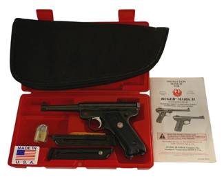 1 - Ruger Mark II .22 LR w/ Hard Case, Soft Case & (Description): PISTOLS AVAILABLE TO VA RESIDENTS ONLY - NO SHIPPING AVAILABLE - MUST PICK UP Extra Magazine 50th Anniversary Used as is electric/electronic/mechanical item. No guarantee all components, untested. All guns will be sold according to Virginia law. ONLY VA RESIDENTS can bid on PISTOLS. Any firearm purchased at auction must be picked up at C&D Family Pawn Shop,
