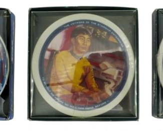 516 - 3 1992 Vtg Star Trek Mini Porcelain Plates (Description): A set of three 1992 vintage mini porcelain plates featuring Star Trek imagery. The collection includes plates from Star Trek: The Next Generation featuring Counselor Troi, as well as plates from the original Star Trek series. All three plates remain