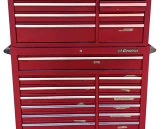 6428 - US General 2 Tier Toolbox - 61 x 47 x 18 - as is (Description): w/ keys - Wheels are tore up on this pieces Flat top opens bottom drawers open, but top drawers won't open