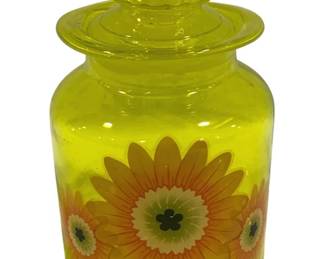 5405 - Vtg Takahashi Yellow Glass Apothecary Jar (Description): with flowers