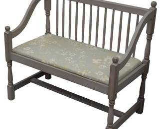 621 - Vintage Spindle-Back Settee w/ upholstered cushion (Description): 35 x 38 x 20