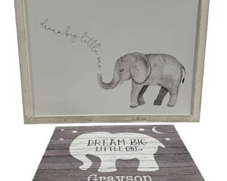 9851 - 2 pieces of Elephant-Theme Wall Art for Nursery (Description): Framed piece is 24 x 32