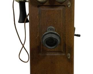 4130 - Antique Oak Wall Crank Telephone (Description): 24 x 9.5 x 6
