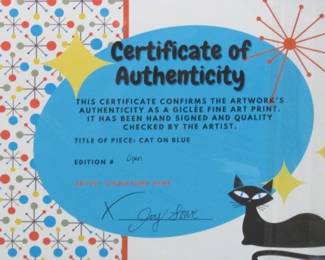 9011 - Atomic Cat on Blue Signed Giclee by Ivy Lowe (Description): 20 X 20