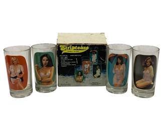 5395 - 1977 Spencer Gifts Striptease Highball Glasses (Description): original box, 5"
