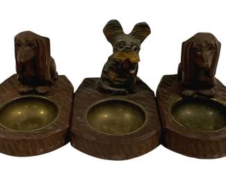 4253 - 3 Carved Dog Wood Ashtrays - 5 x 3.25 x 4.25