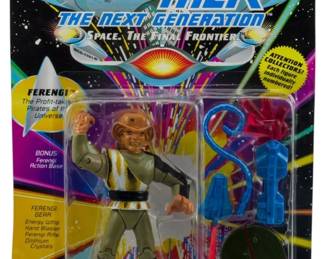 547 - Playmates Star Trek TNG Ferengi Figure NIB (Description): Unopened Playmates Star Trek: The Next Generation action figure in original box featuring the Ferengi character. The figure remains sealed in its original packaging.