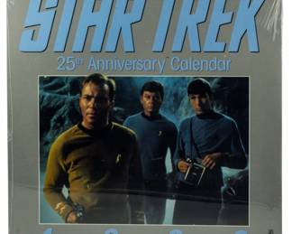 515 - 1992 Star Trek 25th Anniversary Calendar (Description): 1992 Star Trek 25th Anniversary Calendar in original packaging. This collectible calendar commemorates the 25th anniversary of the iconic science fiction franchise and remains sealed in its original factory packaging. Measures 12x12