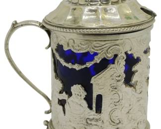 524 - Silver and Cobalt Glass Mustard Pot (Description): Total Weight: 4.32oz 3.5"