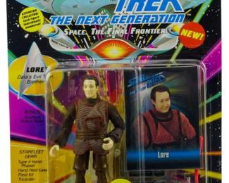 527 - Playmates Star Trek TNG Figure Lore Sealed (Description): Unopened Playmates Star Trek: The Next Generation action figure in original packaging featuring Lore, Data's evil twin brother. The figure remains factory sealed in the box.