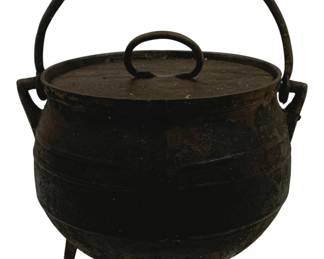 5933 - Cast Iron Bean Pot w/ Lid - 14 x 12 (Description): repaired leg & has been drilled thru bottom
