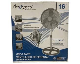 6499 - 16" Aerospeed Oscilating Floor Fan - in box (Description): Used as is electric/electronic/mechanical item. No guarantee all components, untested.