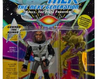 528 - Playmates Star Trek TNG Gowron the Klingon (Description): Unopened Playmates Star Trek The Next Generation action figure in original packaging featuring Gowron the Klingon. The figure remains sealed in box, never opened.