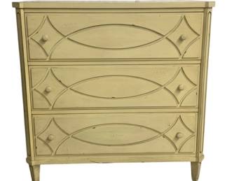 3009 - Pale Yellow 3 Drawer Chest - 37 x 36 x 18 (Description): Featuring Geometric Fretwork Overlays & Round Knobs