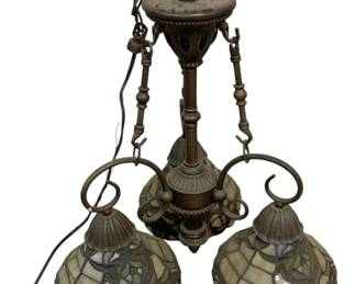 4834 - 3 Light Stained Glass Hanging Chandelier (Description): Used as is electric/electronic/mechanical item. No guarantee all components, untested.