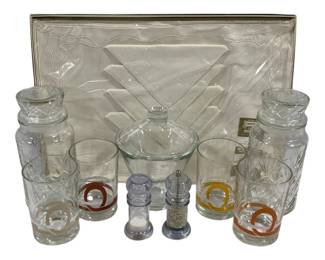 5139 - 2 Mr. Peanut Glass Jars & More (Description): 4 Glasses, Salt & Pepper Shakers, Candy Dish w/ Lid & Imperial Linen in Box