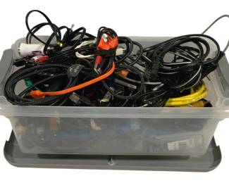 4435 - Plastic Tote w/ Assorted Electrical Cords (Description): Used as is electric/electronic/mechanical item. No guarantee all components, untested.