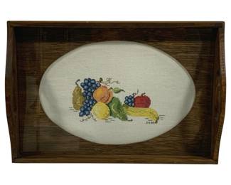5423 - Needlepoint Under Glass Wood Serving Tray (Description): 12.25 x 8.5
