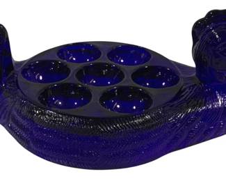 5215 - Cobalt Blue Glass Chicken Egg Holder (Description): 10 x 4 x 6