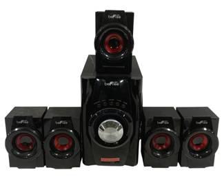 5677 - Be Free Surround Sound System (Description): Sub Woofer & 5 Speakers Used as is electric/electronic/mechanical item. No guarantee all components, untested.