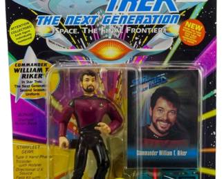529 - Playmates Star Trek TNG Riker Figure in Box (Description): Unopened Playmates Star Trek The Next Generation figure in box featuring Commander William T. Riker. The figure remains sealed in its original packaging.