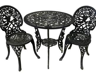 4943 - Victorian Cast Iron Bistro Set (Description): Table - 30 x 28 Chairs - 34 x 15 x 15