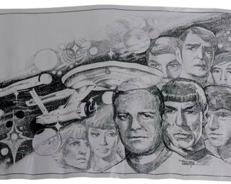 505 - Star Trek Poster Marked Tibbetts 19"x27.5" (Description): Star Trek poster marked Tibbetts, featuring the USS Enterprise and crew members in a stippled black and white illustration. Measures 19 inches by 27.5 inches.