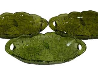 6575 - 3 Green Glass Dishes - 9.5 x 4.75