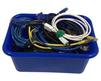 4450 - Plastic Tote Full of Electrical Cables/Cords (Description): Used as is electric/electronic/mechanical item. No guarantee all components, untested.