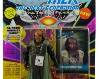 521 - Star Trek TNG Klingon Warrior Worf Figure (Description): Unopened Star Trek The Next Generation action figure in original packaging featuring Klingon Warrior Worf. The figure remains sealed in its original box.