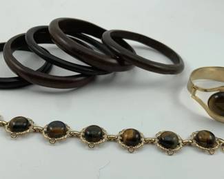 8098 - 5 Wooden Bangles, Tigers Eye Cuff & Bracelet