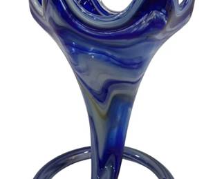 4856 - Vintage Blue Swirl Art Glass Trumpet Vase (Description): As Is - 10" Tall