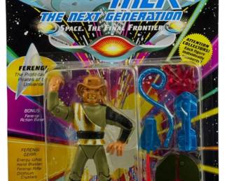 549 - Playmates Star Trek TNG Ferengi Figure NIB (Description): Unopened Playmates Star Trek: The Next Generation action figure in original box featuring a Ferengi character. The figure remains factory sealed in its original packaging.