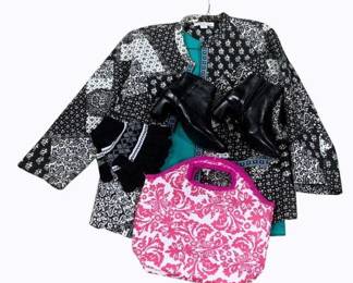 4368 - Vaneli Women's Dress Boots, Jacket & Shirt & more (Description): Coldwater Jacket & Blouse - PSmall Boots - size 5 Lunch Bag & knit gloves