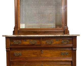 6281 - 4 Drawer Marble Top Dresser w/ Mirror (Description): 73 x 46 x 22