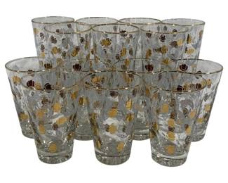 5117 - 14 Vintage Gold Leaf/Gold Rim Glass Tumblers (Description): 4.5", 6.5" Tall