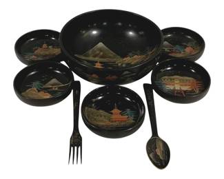 5418 - Japanese Hand Painted Lacquer Salad Set (Description): 10.5" Round salad bowl, 7 piece set, signed New Kobe Japan