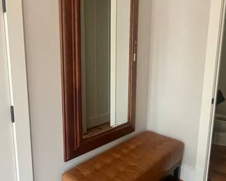 Arden Tan Leather Bench with Buttons and Mahogany Mirror