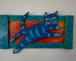 T. L. Kluttz Folk Art Blue Cat Painting
