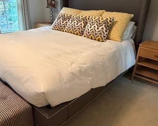 Upholstered Platform Bed Frame with Wingback Headboard and Nailhead Trim