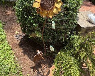 Handcrafted Metal Sunflower Garden Stake with Bird Accents