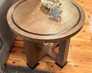 Round Oak Side Table with X-Base and Inlay Band