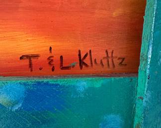 T. L. Kluttz Folk Art Blue Cat Painting on Wood