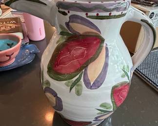Hand-Painted Studio Pottery Pitcher with Floral Motif