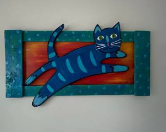 T. L. Kluttz Folk Art Blue Cat Painting on Wood