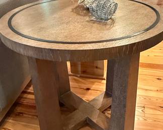 Round Oak Side Table with X-Base and Inlay Band