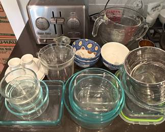 Assorted Kitchenware Lot: Toaster, Pyrex, Mixing Bowls, and More